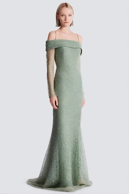 Mint Kayık Yaka Işıltılı Abiye Elbise